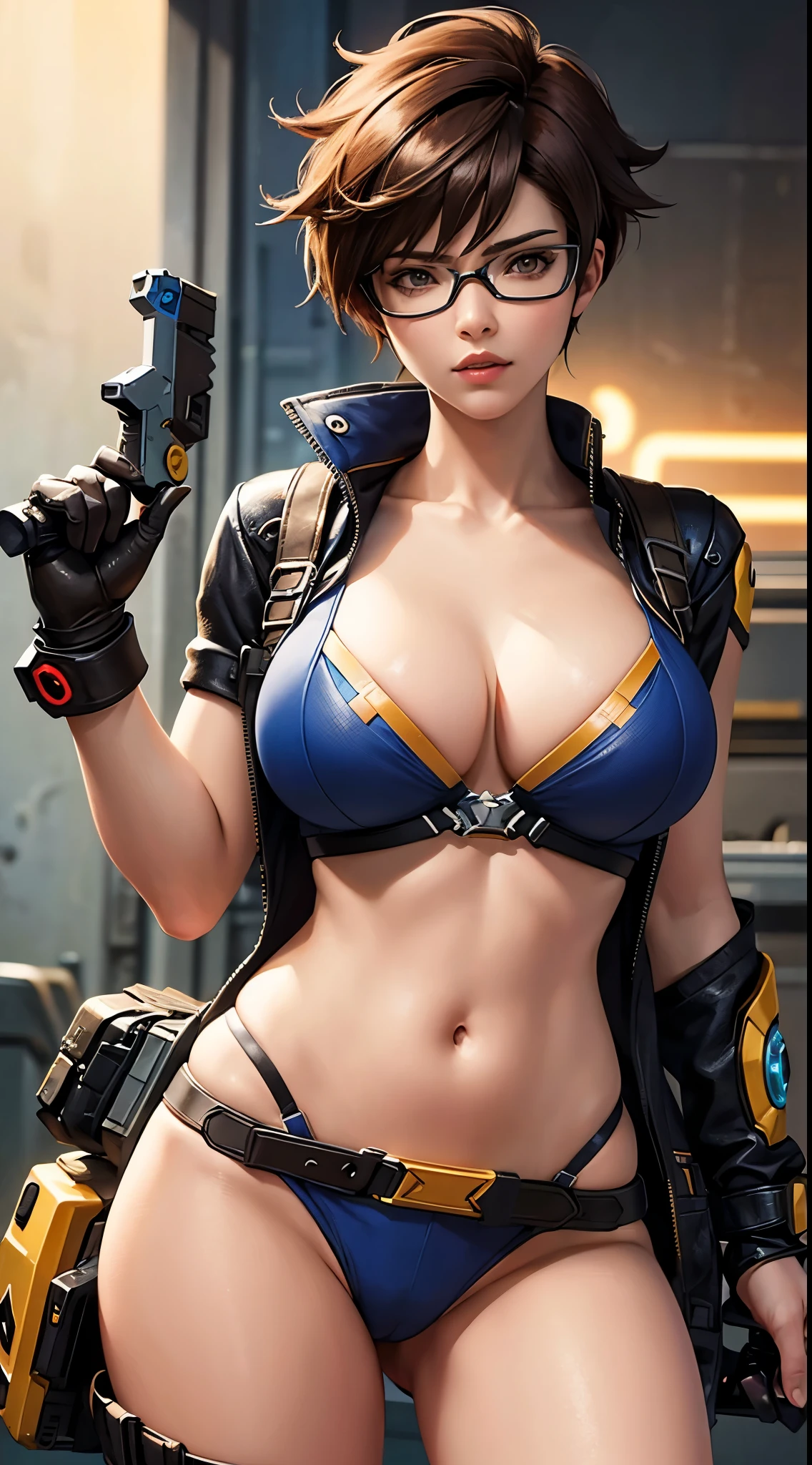 Tracer de overwatch (huge tits), Haut du corps, abdos, bikini comme s'ils n'existaient pas, deserted beach, gros seins, gigantesque seins, 4K ultra UHD, mains parfaites, cing doigts, yeux parfaits, bikini dentelle rouge