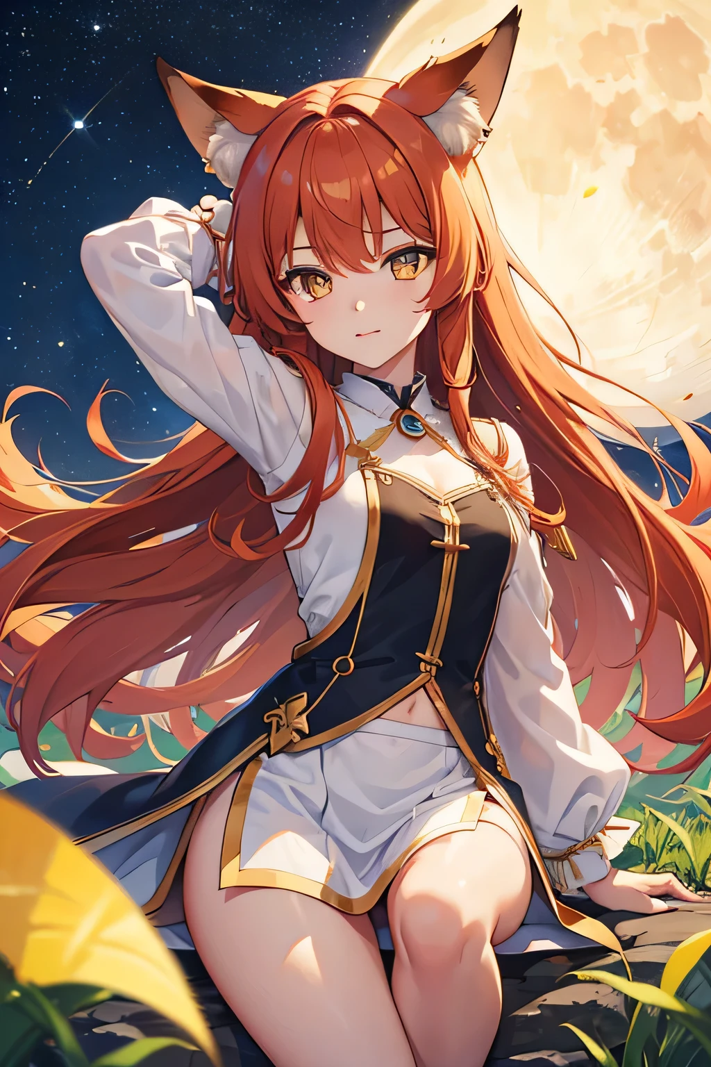 (Best Quality,4k,hight resolution,Masterpiece:1.2),Fox Girl,ear,On the Front Line,single girl,Bushes,the trees, Detailed girl, beatiful face, redhead hair, pretty eyes, very detailed eyes, Beautiful yellow eyes, Almost orange eye color, Very nice girl, The Starry Night, luna, Very beautiful moon, 4K Луна