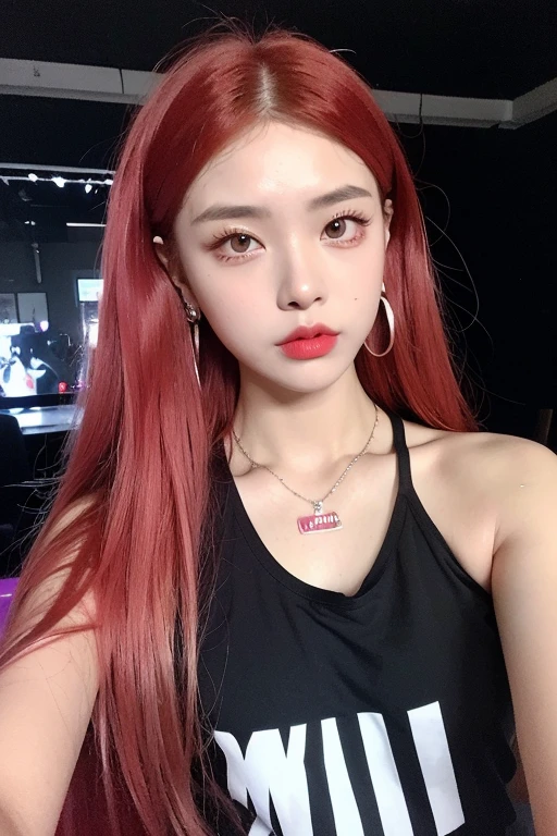 (very detailed body、very detailed face、Best quality:1.2)、FEMALES、I look at the audience、((Wine red gradient hair color、Bright silver shoulder-length earrings.、necklace、bracelet、Clothes with strong blue contrast, White and black、Asymmetrical clothing、Одежда Fusion Show Fantastico)、selfie in a black room with neon 