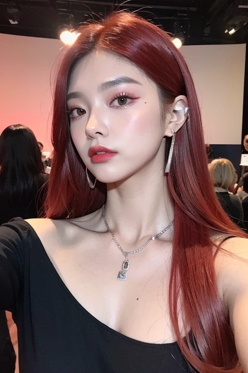 (very detailed body、very detailed face、Best quality:1.2)、FEMALES、I look at the audience、((Wine red gradient hair color、Bright silver shoulder-length earrings.、necklace、bracelet、Clothes with strong blue contrast, White and black、Asymmetrical clothing、Одежда Fusion Show Fantastico)、selfie in a black room with neon