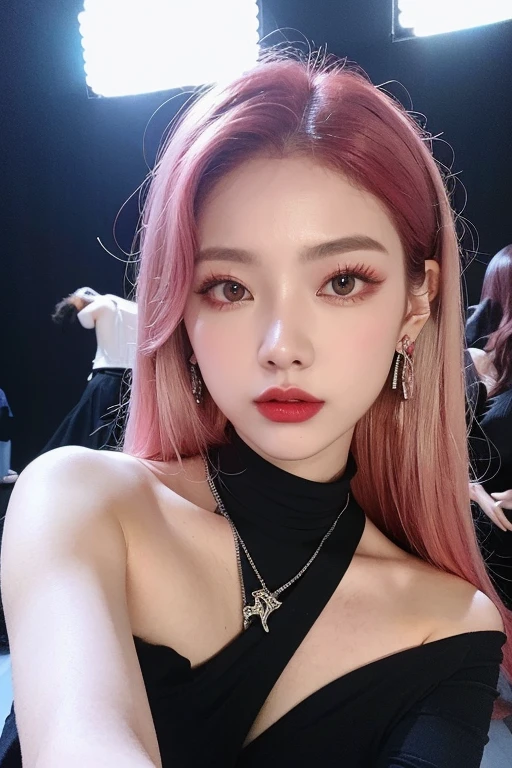 (very detailed body、very detailed face、Best quality:1.2)、FEMALES、I look at the audience、((Wine red gradient hair color、Bright silver shoulder-length earrings.、necklace、bracelet、Clothes with strong blue contrast, White and black、Asymmetrical clothing、Одежда Fusion Show Fantastico)、selfie in a black room with neon