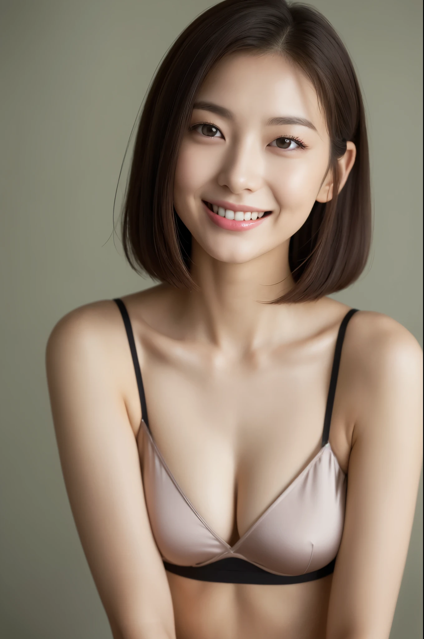 Beautiful 26 year old woman。She is wearing a tight satin camisole.。A kind smile。Her dark brown hair、Her hair is a short, straight bob.。High resolution、masterpiece、highest quality、頭w:1.3、((Hasselblad Photos))、Fine skin、Fine texture、Sharp focus、(Cinema lighting)、clavicle、nude