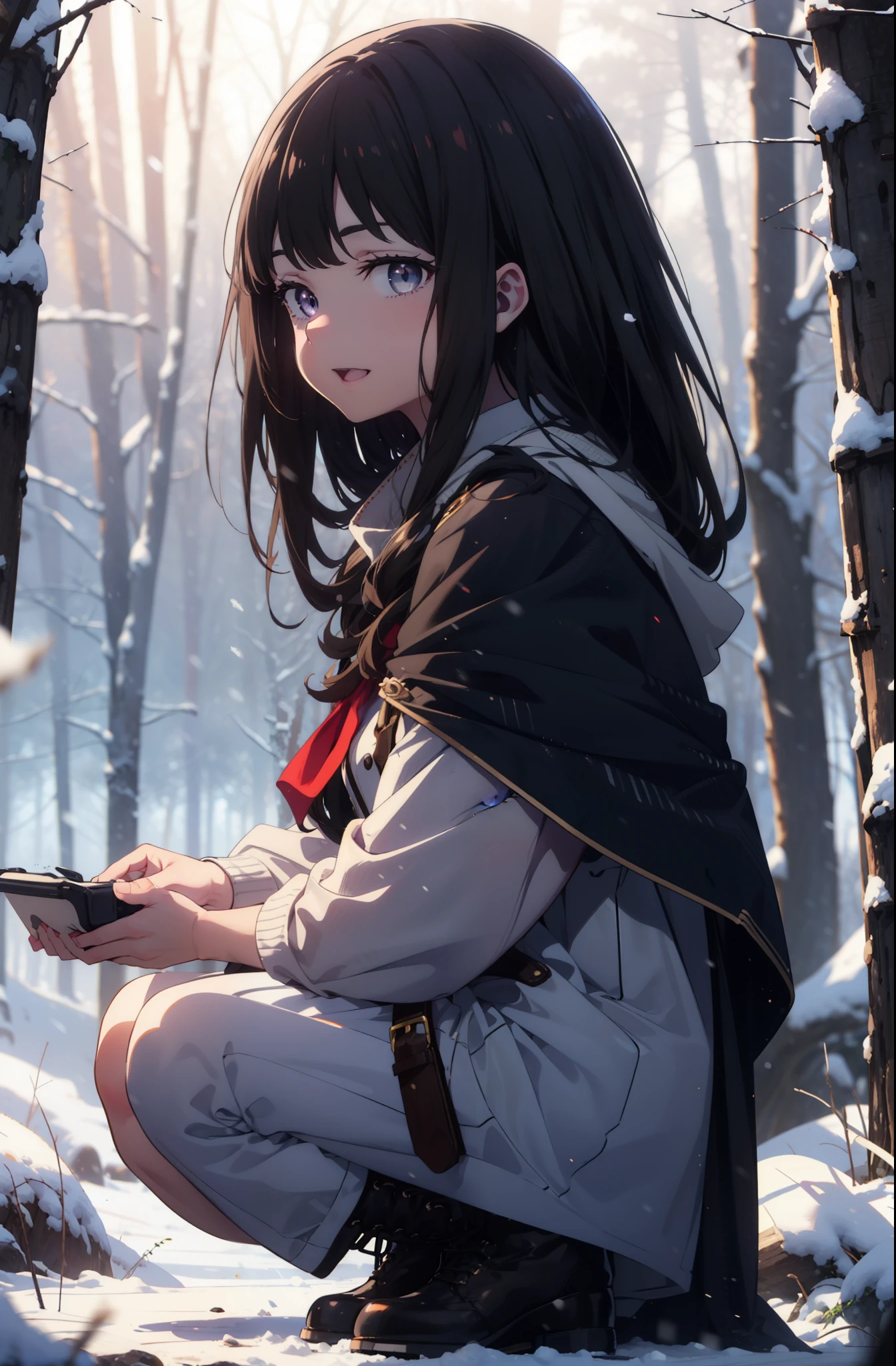 Takiuchi, Inoue Check, Long Hair, bangs, Black Hair, (Purple eyes:1.2),smile,
Open your mouth,snow,Bonfire, Outdoor, boots, snowing, From the side, wood, suitcase, Cape, Blurred, forest, nature, Squat, Cape, winter, Written boundary depth, Black shoes, blue Cape break looking at viewer, Upper Body, whole body, break Outdoor, forest, nature, break (masterpiece:1.2), highest quality, High resolution, unity 8k wallpaper, (shape:0.8), (Beautiful and beautiful eyes:1.6), Highly detailed face, Perfect lighting, Highly detailed CG, (Perfect hands, Perfect Anatomy),