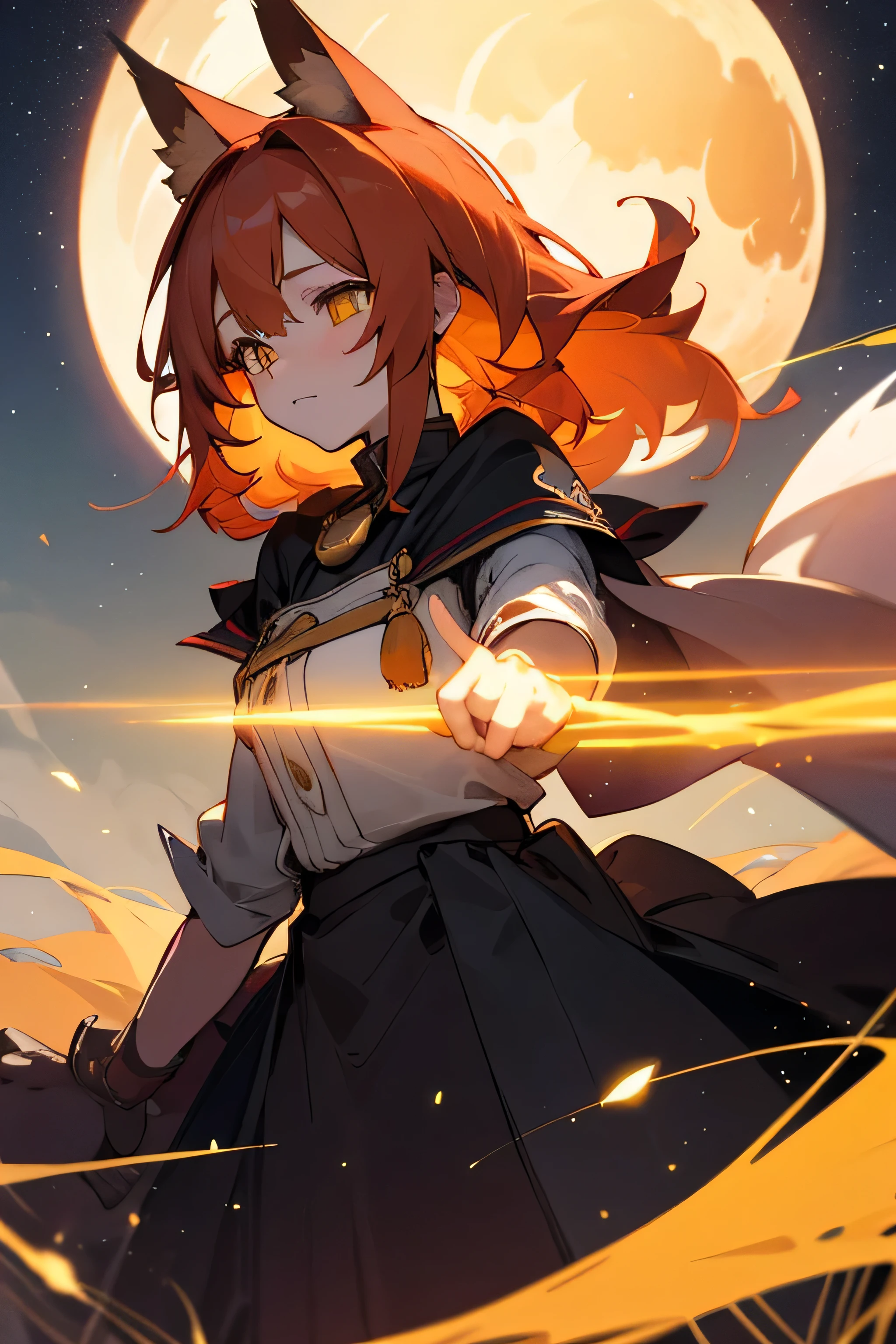 (Best Quality,4k,hight resolution,Masterpiece:1.2),Fox Girl,ear,On the Front Line,single girl,Bushes,the trees, Detailed girl, beatiful face, redhead hair, pretty eyes, very detailed eyes, Beautiful yellow eyes, Almost orange eye color, Very nice girl, The Starry Night, luna, Very beautiful moon, 4K Луна