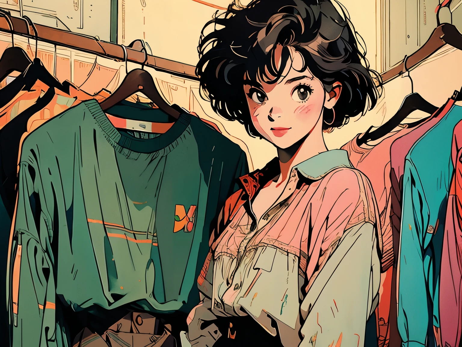 whole body, Upper Body, Have an iPhone , Messy room, Apartments, 1 girl, 4k, Warm colors , Short Hair , skirt, blouse , smile
