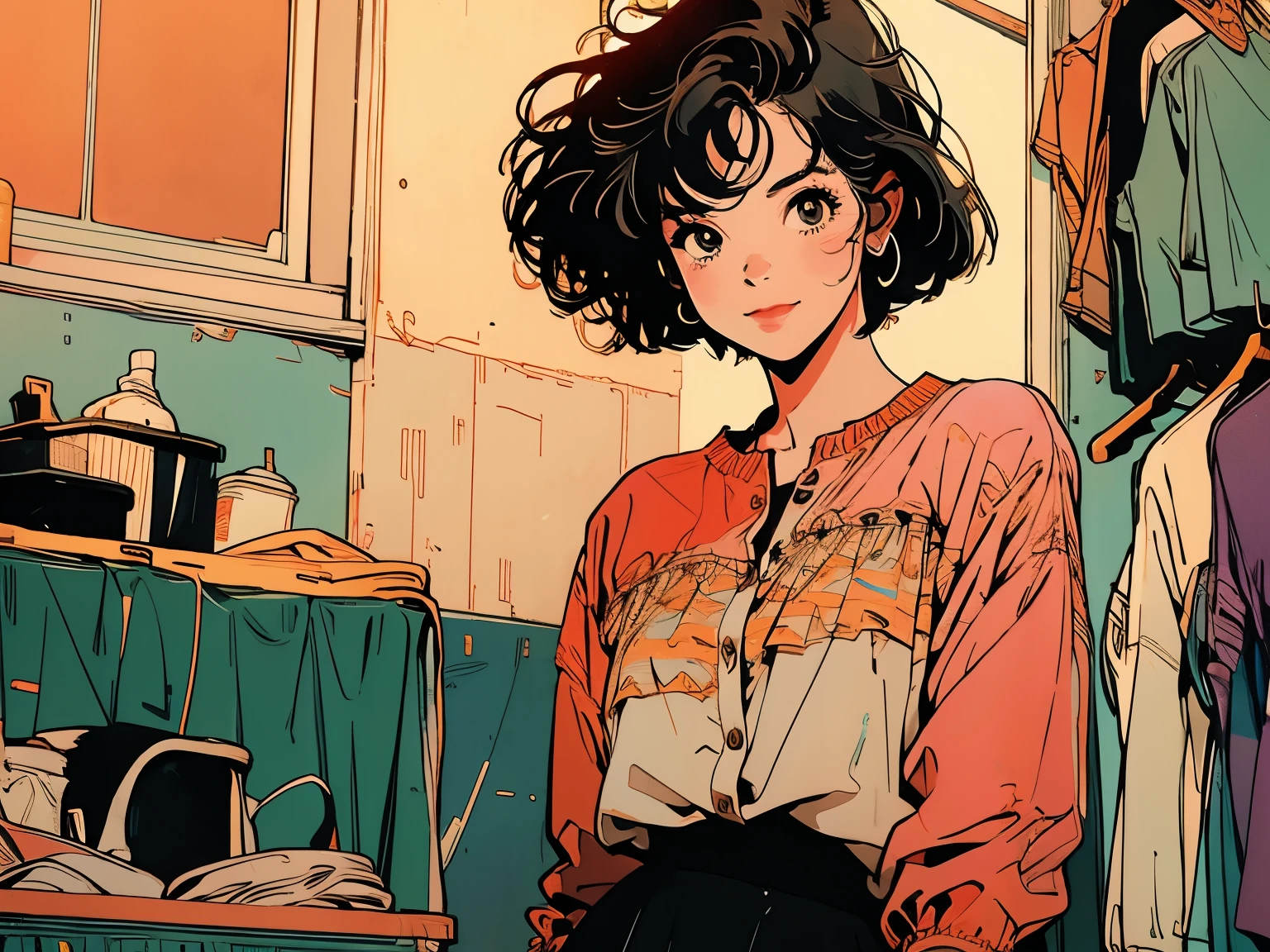 whole body, Upper Body, Have an iPhone , Messy room, Apartments, 1 girl, 4k, Warm colors , Short Hair , skirt, blouse , smile
