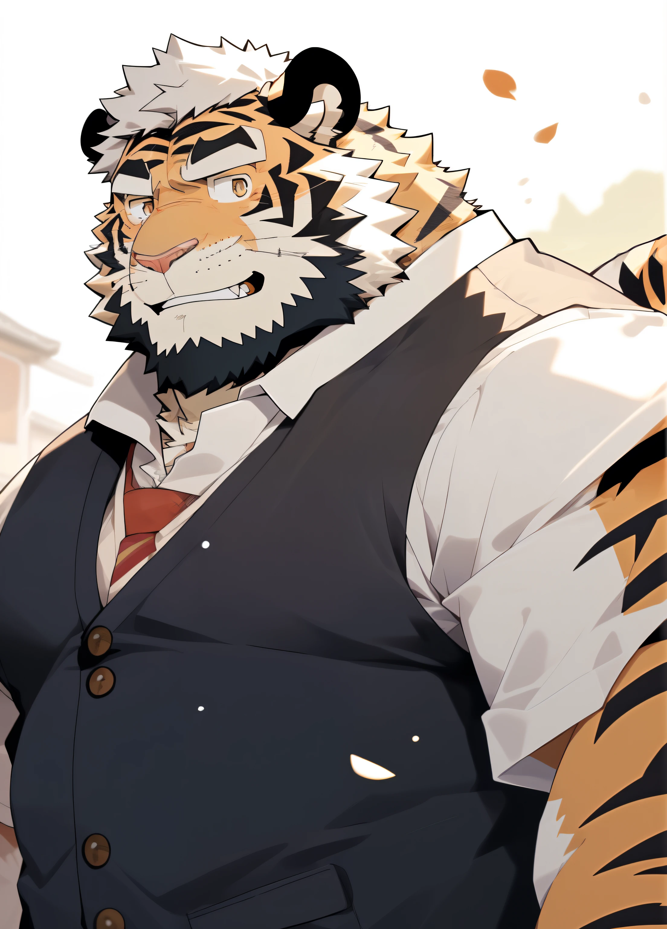 hairy，（tiger，Short brown sleeves，Middle-aged uncle，Q print style， ），beard，golden fur，white short hair，male，brown eyes，Common，Middle-aged uncle，Mature and steady，honest，Grinning，Q print style，