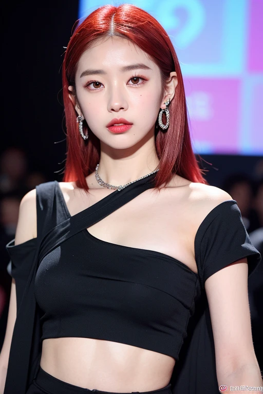 (very detailed body、very detailed face、Best quality:1.2)、FEMALES、I look at the audience、((Wine red gradient hair color、Bright silver shoulder-length earrings.、necklace、bracelet、Clothes with strong blue contrast, White and black、Asymmetrical clothing、Одежда Fusion Show Fantastico)、selfie in a black room with neon, very real photo for Instagram as a Korean influencer 