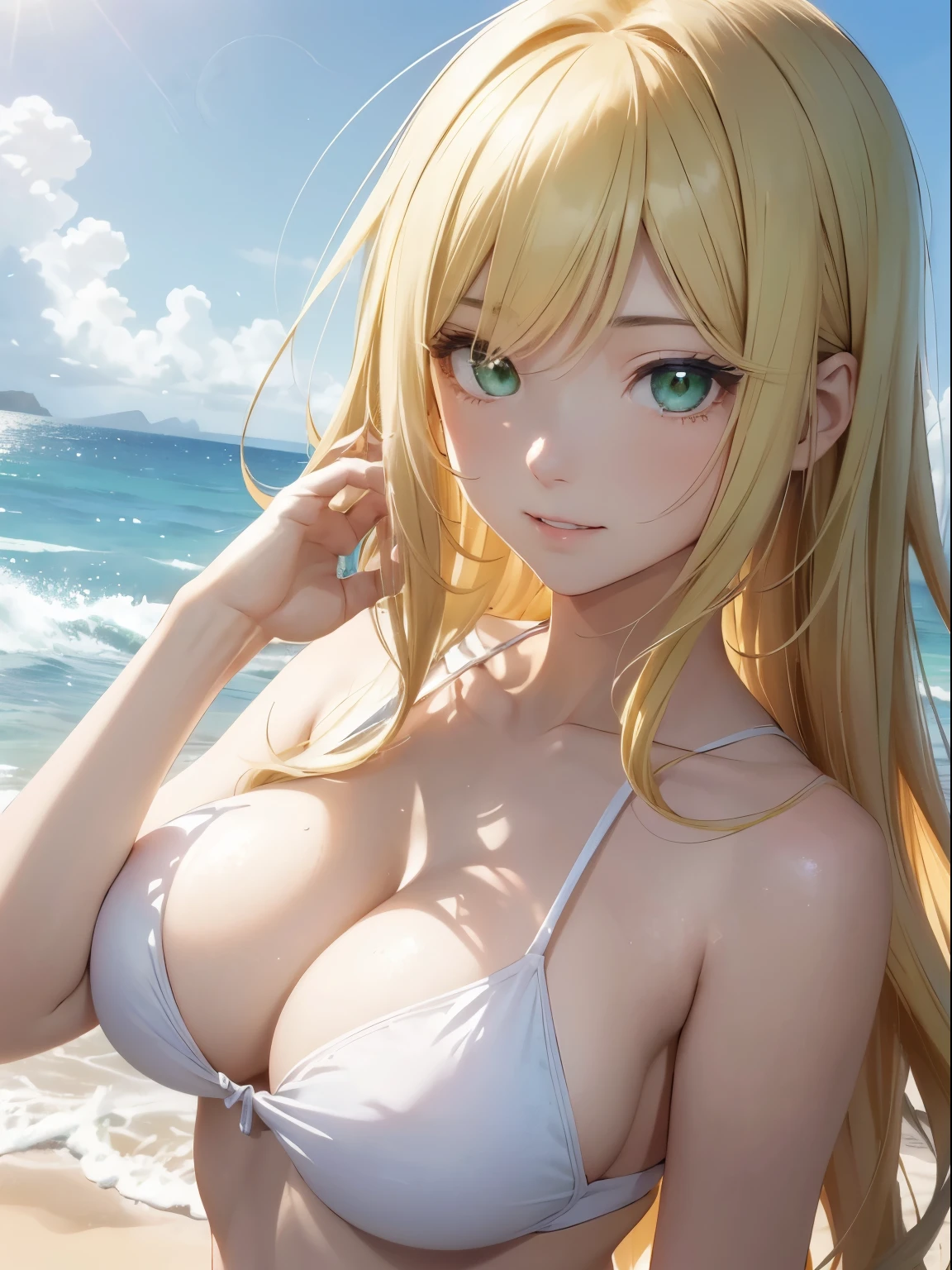 nfsw, 1 female, face, (((1 female:1.37, alone))), (((faceの極限クローズアップ))), (美しいface, かわいいface, 詳細なface, smile wickedly, Open your mouth), break, ((( Blonde, Semi-long hair, Pulling the hair back))), (((Beautiful green eyes with beautiful details,))), break, (((sunny))), (((At the Beach))), break, burn, Shiny skin, Highly detailed CG synthesis 8k wallpaper, Very beautiful 8K CG wallpaper, Anime Moe Art Style, Cute girl anime visuals, Anime Styleのポートレート, Anime Styleに, Beautiful Anime, 8K Anime Art Style, Anime Style、Detailed 8K animation, (masterpiece, highest quality), High resolution, Super detailed, Ultra Sharp, Cinema Lighting