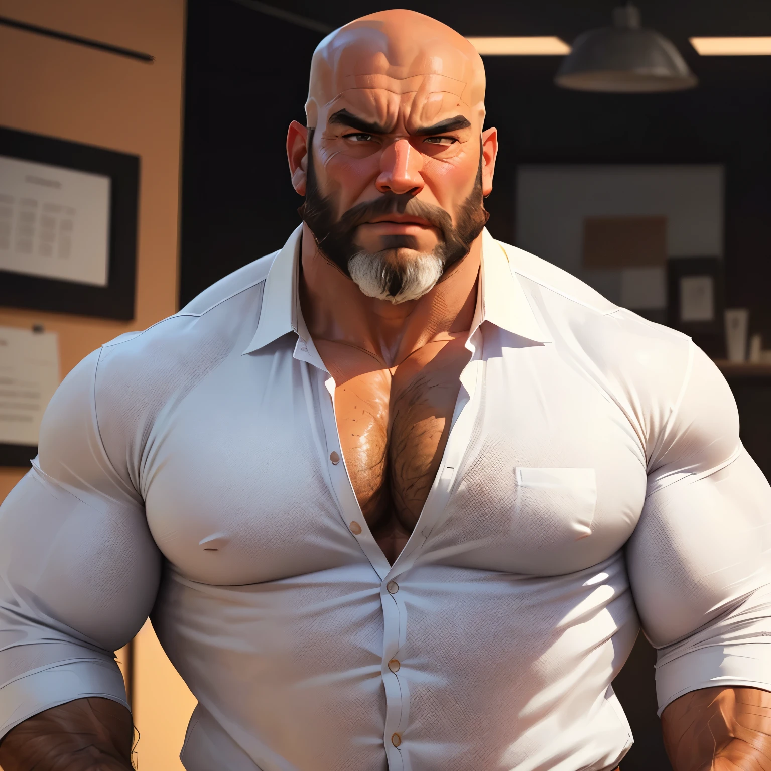 1boy, indian, solo, facial hair,34 yrs old, dom, male focus, flaccid penis, bald head, pectorals, bara, muscular, BundeswehrAlpha, signature mustache, mature male, muscular male, abs, beard, short hair, navel,thick eyebrows, dark-skinned male, erection, thighs, erection under clothes, fancy suit, dark skin, tie, tight shirt, tight pants, tie, open jacket, grey business suit, cowboy shot, cop agent uniform, feet out of frame, thick thighs, looking at viewer, masterpiece, 4k, high quality, highres, absurdres,