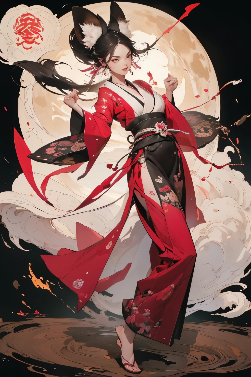 Masterpiece, Best Quality, ((head, hands and feet in frame)),( full body centered in picture),1girl,fit,athletic, picture of a stunning beautiful beeing from japanese folklore kitsune, a mystic woman with beautiful defined body unnatural long black hair, white fox ears, nine white fox tails, a beautiful magenta kimono robe(multilayered) shoulders and one leg shown,with beautiful patterns and flower prints, dancing in moonlight (full moon and clouds) the whole scenery is very dark and a bit of scary but also awe inspiring. asia paper lanterns, (ultra detailed), (most absurd), (highres), (official art:1.4), (illustration:1.4), (clear image:1.2),(delicate illustration: 1.2), 8k ,(detailed face:1.3), (highlights in eyes:1.3), (detailed fur:1.3), (detailed skin:1.3), , perfect drawing lines. graphic asia background, very detailed, comicbook style,1 line drawing,makeup