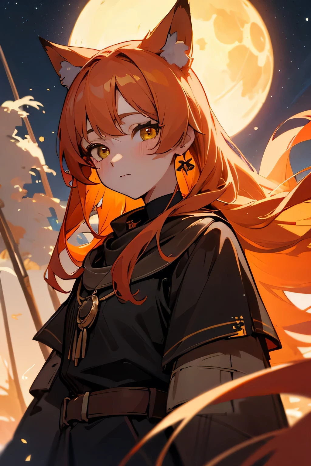 (Best Quality,4k,hight resolution,Masterpiece:1.2),Fox Girl,ear,On the Front Line,single girl,Bushes,the trees, Detailed girl, beatiful face, redhead hair, pretty eyes, very detailed eyes, Beautiful yellow eyes, Almost orange eye color, Very nice girl, The Starry Night, luna, Very beautiful moon, 4K Луна
