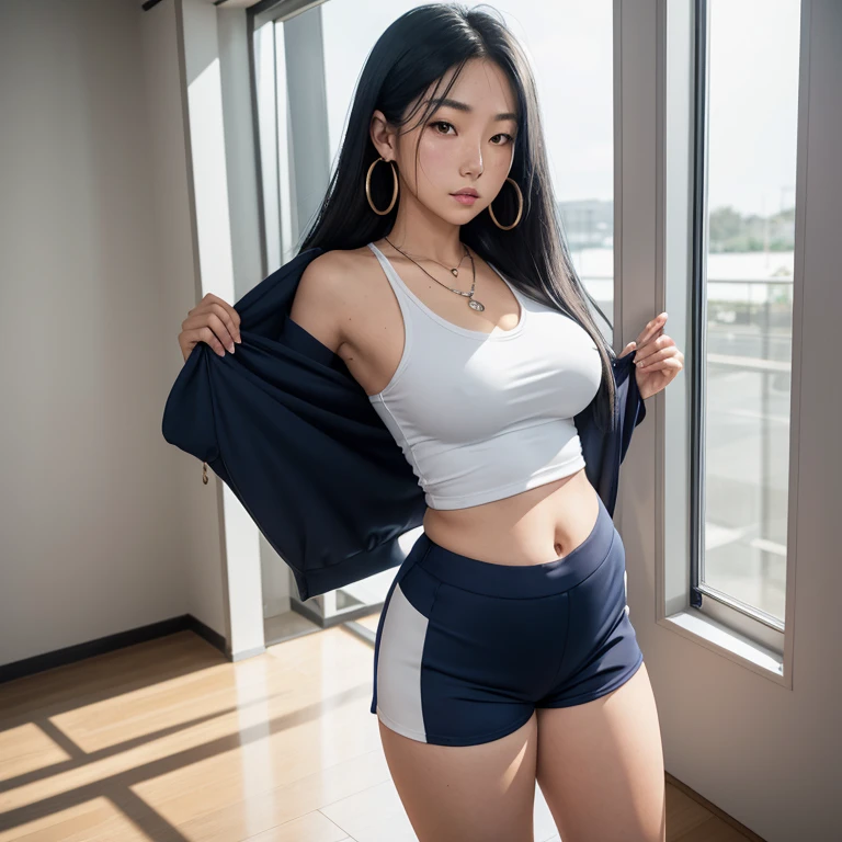 Kaori, Single model, solo, half Asian, half Latino, very long straight black hair, freckles, blushing, long chain pendant, hoop earrings, very large heavy breasts, chubby, belly, stretchmarks, hoodie, small navy blue lycra shorts, white leggings 