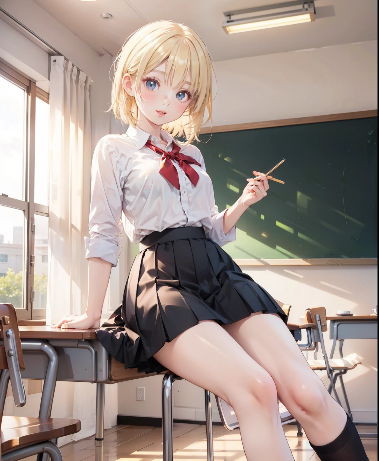 Dynamic posing, dynamic angle, Arrange pose,Top quality work,Show Legs,((short wavy Creamy Golden Blonde hair)),(Creamy Blonde hair),(short hair),(wavy hair),(golden eyes), ( 16 years old), lovely red lips, Rose cheeks, Pretty Face, A perfectly proportioned face, school shirt with red bow and black skirt, (school uniform), white stockings,in classroom,full-body view, amazing, Large round chest、Beautiful eye details、Beautiful eyelashes、beautiful double eyelid, with blush cheeks, talking to viewer, anime vtuber full body model, casual real life