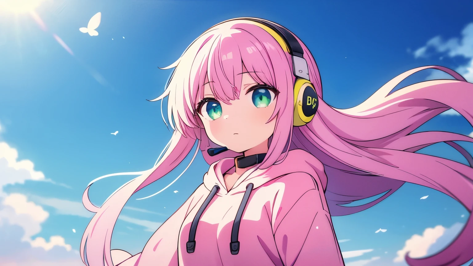 The girl、She is wearing a pink hoodie and a headset around her neck.。Her long hair fluttering in the wind、Enjoying the music with a calm expression。The eyes are green。It's the wizard's look.。There is a green, humanoid wind fairy with her.。full body