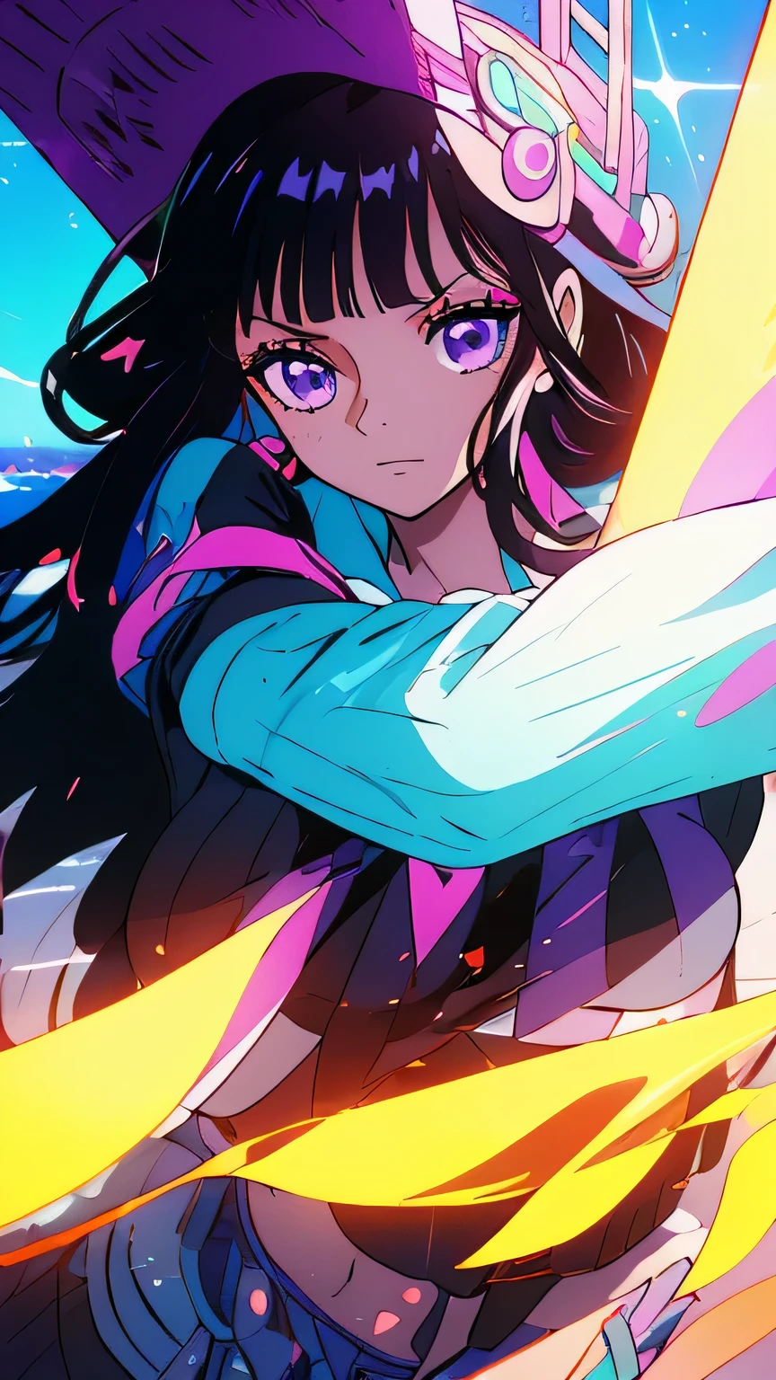 A young girl, long black wavy hair with purple highlights, Galactic purple eyes, bangs, light skin ,Correct eyes and long eyelashes, Top without stain and shorts ,36dd breasts , Upper body view ,8k quality One piece style,Ocean and ship view