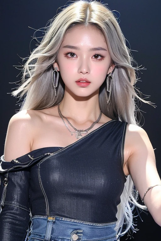 (very detailed body、very detailed face、Best quality:1.2)、FEMALES、I look at the audience、((dark blond gradient hair color、Bright silver shoulder-length earrings.、necklace、bracelet、Clothes with strong blue contrast, White and black、Asymmetrical clothing、Одежда Fusion Show Fantastico)、selfie, fluffy clothes and denim top