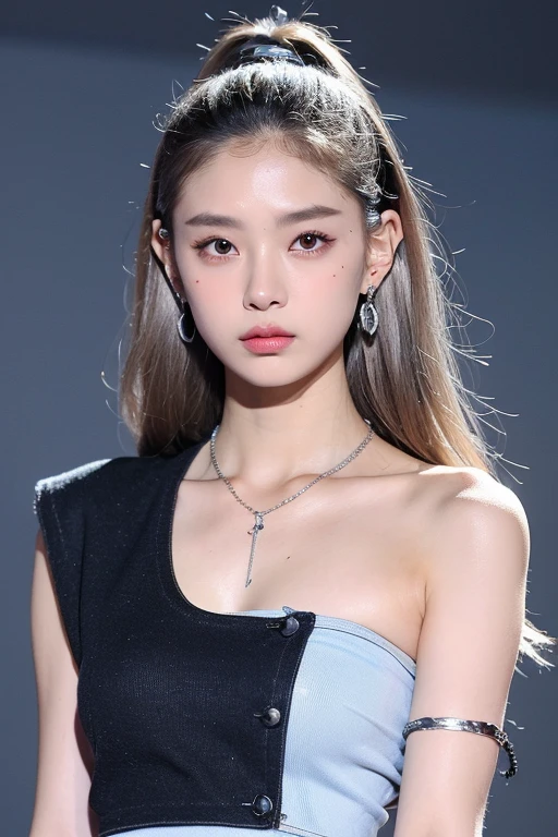 (very detailed body、very detailed face、Best quality:1.2)、FEMALES、I look at the audience、((dark blond gradient hair color、Bright silver shoulder-length earrings.、necklace、bracelet、Clothes with strong blue contrast, White and black、Asymmetrical clothing、Одежда Fusion Show Fantastico)、selfie, fluffy clothes and denim top