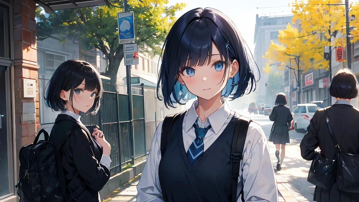 masterpiece, highest quality, Very detailed, 16k,
One Girl, spring, high school, Warm colors, school bag, 正確でVery detailedな背景, Mr.々A group of schoolgirls in uniforms with different body types and hairstyles, cute.
break.
Akane Kurokawa, One girl, short hair, Blue Hair, Green Eyes, Black Hair, Medium Hair, White shirt, Collared shirt, , Best, White shirt, sweater Best, black Best, Blue tie, One Length Bob, Creating Bangs, Brighten up the area around the face, Leave the ends of the hair thick overall. Dark blue-purple hair, blue eyes