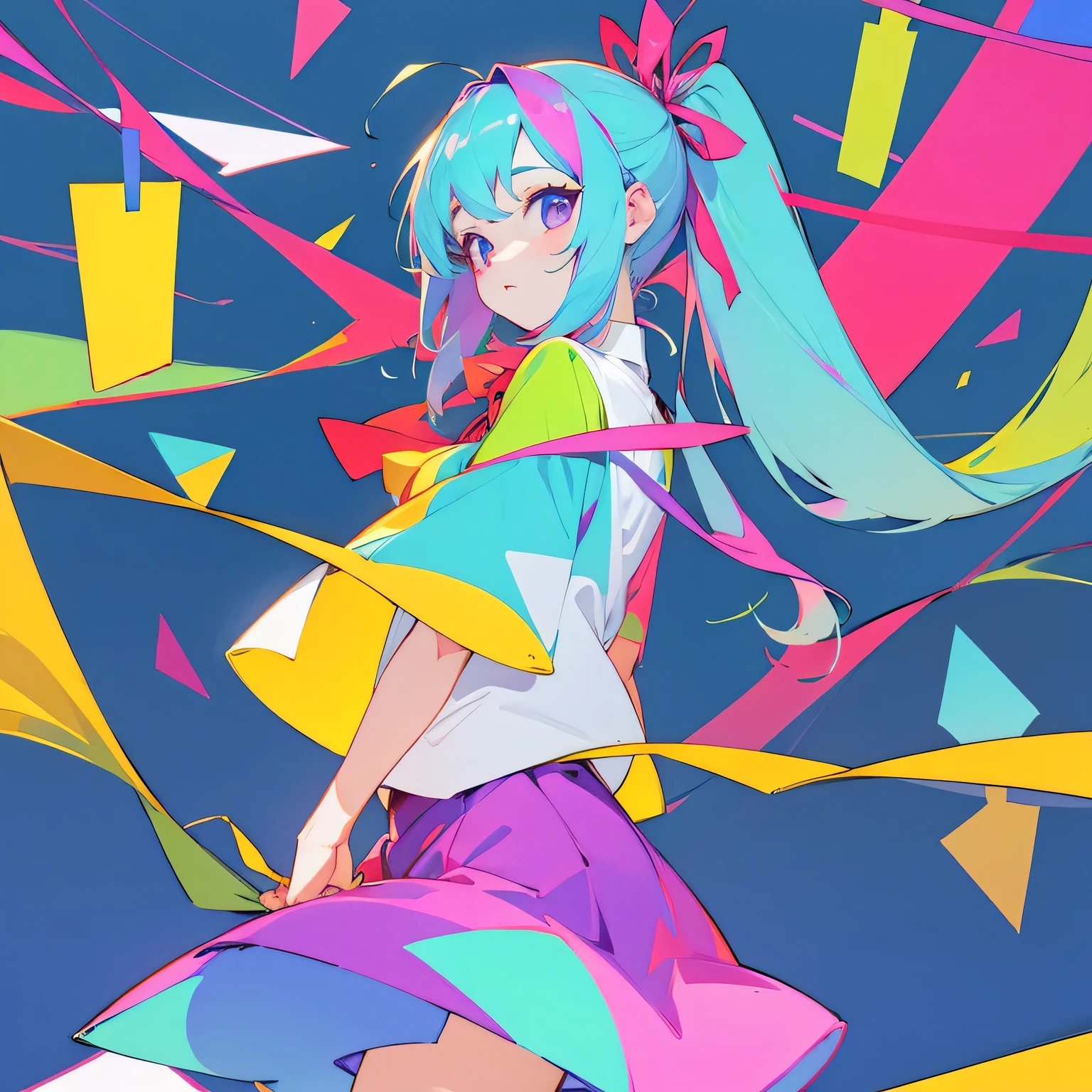 girl、ribbon、Vivid Color、shirt、skirt、juice、Geometric background