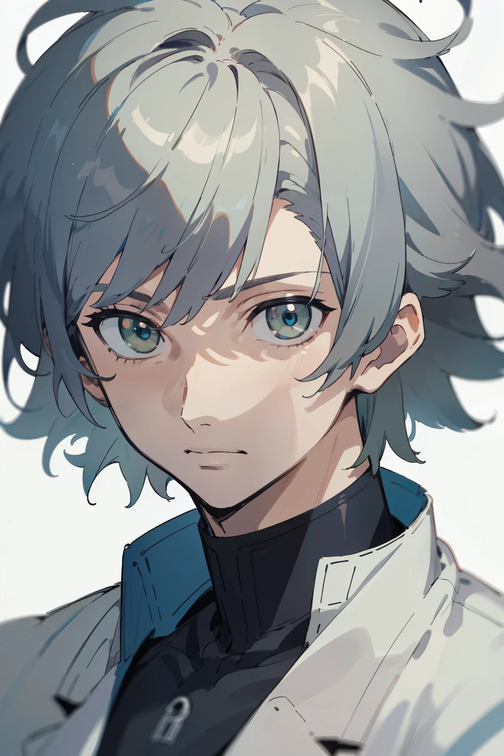 1boy, detailed, Makoto Shinkai Style, detailed hair, cinematic lighting, high-resolution, lean build, perfect quality face, high quality, masterpiece, manhwa style, best quality, anime style, detailed beautiful eyes, perfect face, grey blue hair, pale green eyes, pale skin, messy hair, medium hair, medium bangs, parted hair
