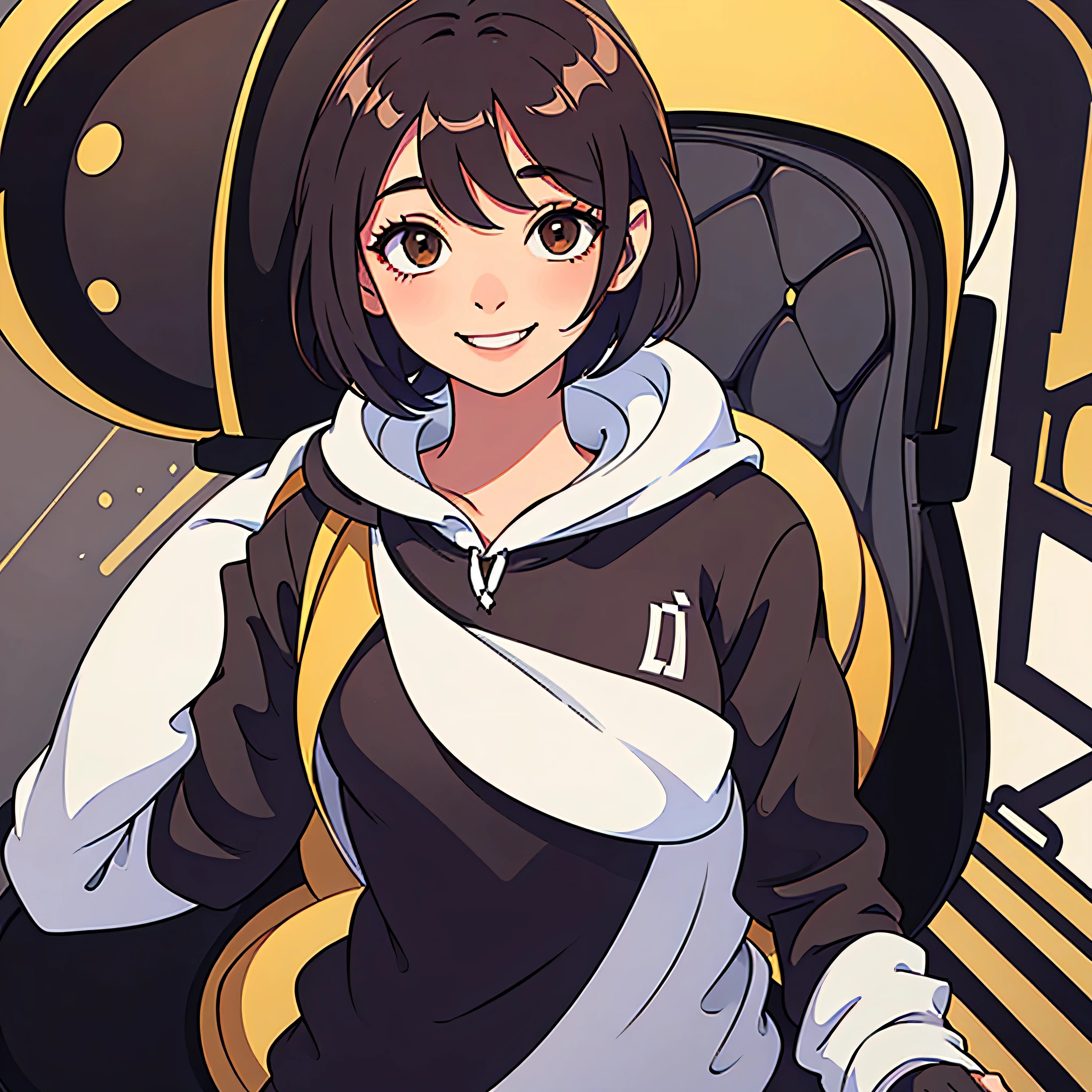 A beautiful girl with short hair without bangs wearing a hoodie and headphones with cute smile ahd brown eyes