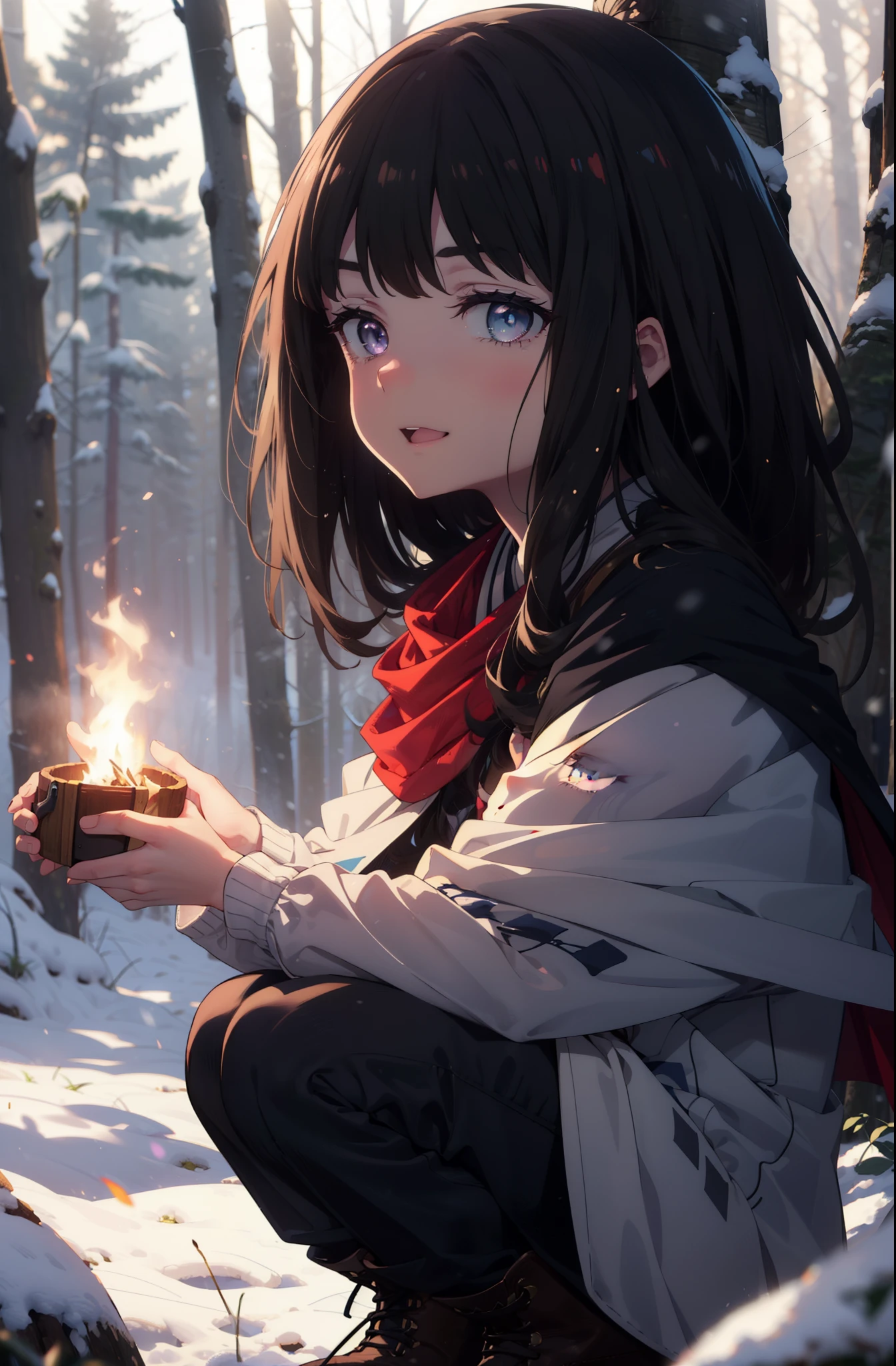Takiuchi, Inoue Check, Long Hair, bangs, Black Hair, (Purple eyes:1.2),smile,
Open your mouth,snow,Bonfire, Outdoor, boots, snowing, From the side, wood, suitcase, Cape, Blurred, forest, nature, Squat, Cape, winter, Written boundary depth, Black shoes, blue Cape break looking at viewer, Upper Body, whole body, break Outdoor, forest, nature, break (masterpiece:1.2), highest quality, High resolution, unity 8k wallpaper, (shape:0.8), (Beautiful and beautiful eyes:1.6), Highly detailed face, Perfect lighting, Highly detailed CG, (Perfect hands, Perfect Anatomy),