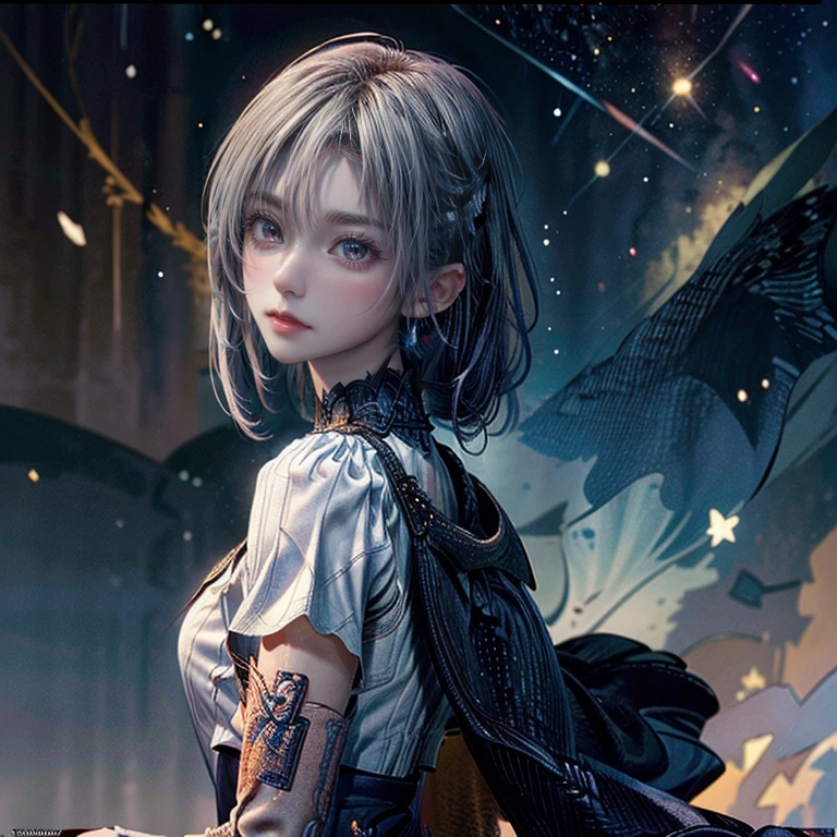 one girl, alone, 19 years old, bard, official art, white clothes, soft clothes, costumes fluttering in the wind, unity 8k wallpaper, super detailed, beautiful and aesthetic, masterpiece, top quality, grand, bold composition, glitter, lame, starry sky, short cut silver hair, beautiful blue eyes, high definition, diagonal side composition,