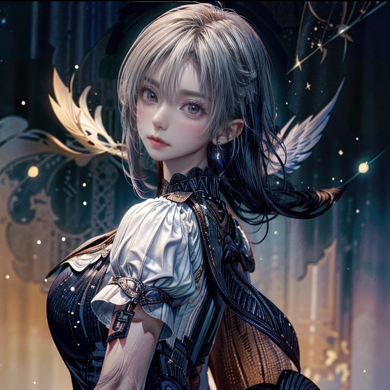 one girl, alone, 19 years old, bard, official art, white clothes, soft clothes, costumes fluttering in the wind, unity 8k wallpaper, super detailed, beautiful and aesthetic, masterpiece, top quality, grand, bold composition, glitter, lame, starry sky, short cut silver hair, beautiful blue eyes, high definition, diagonal side composition,