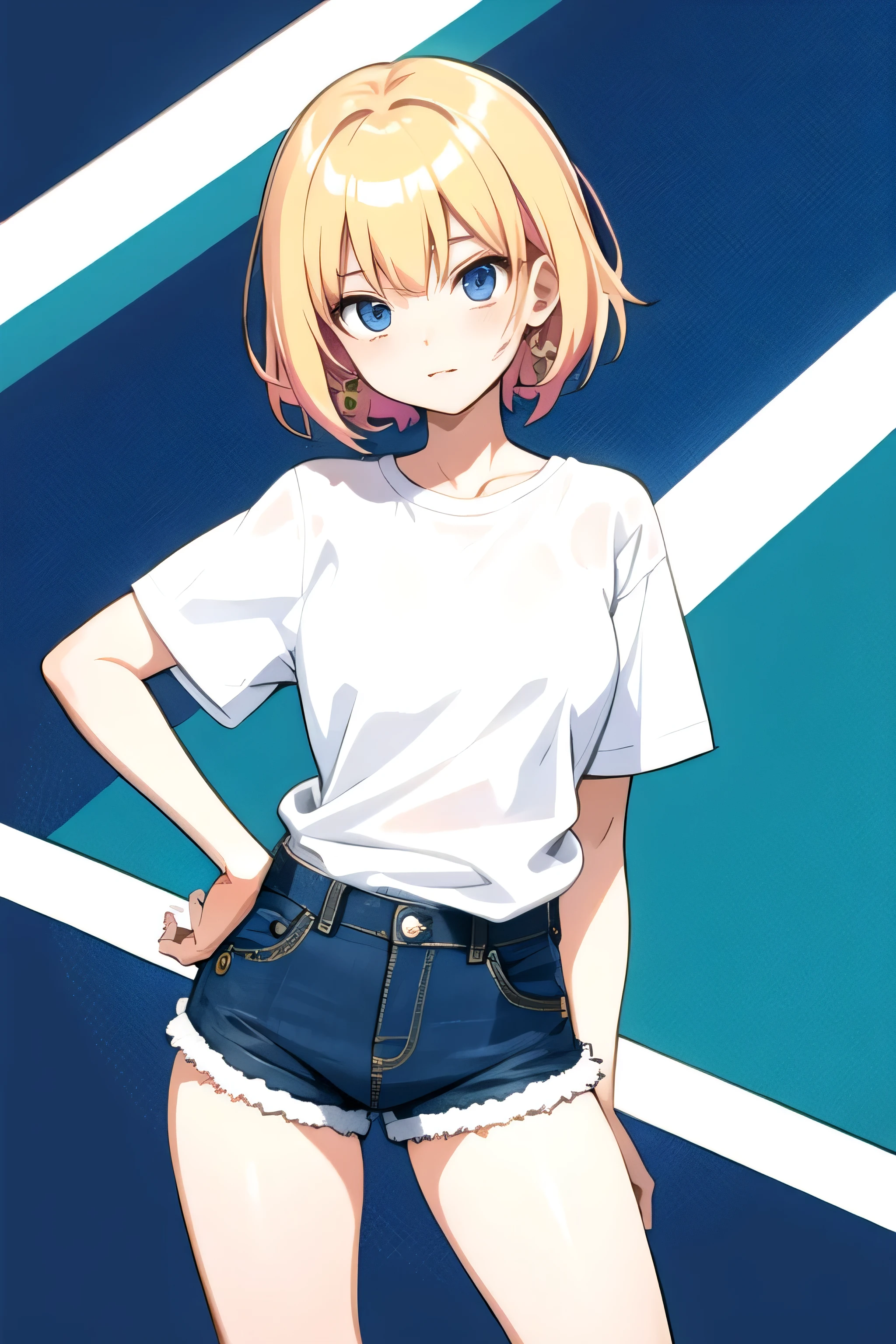 anime with white shirt and denim shorts with bold background and clear lines