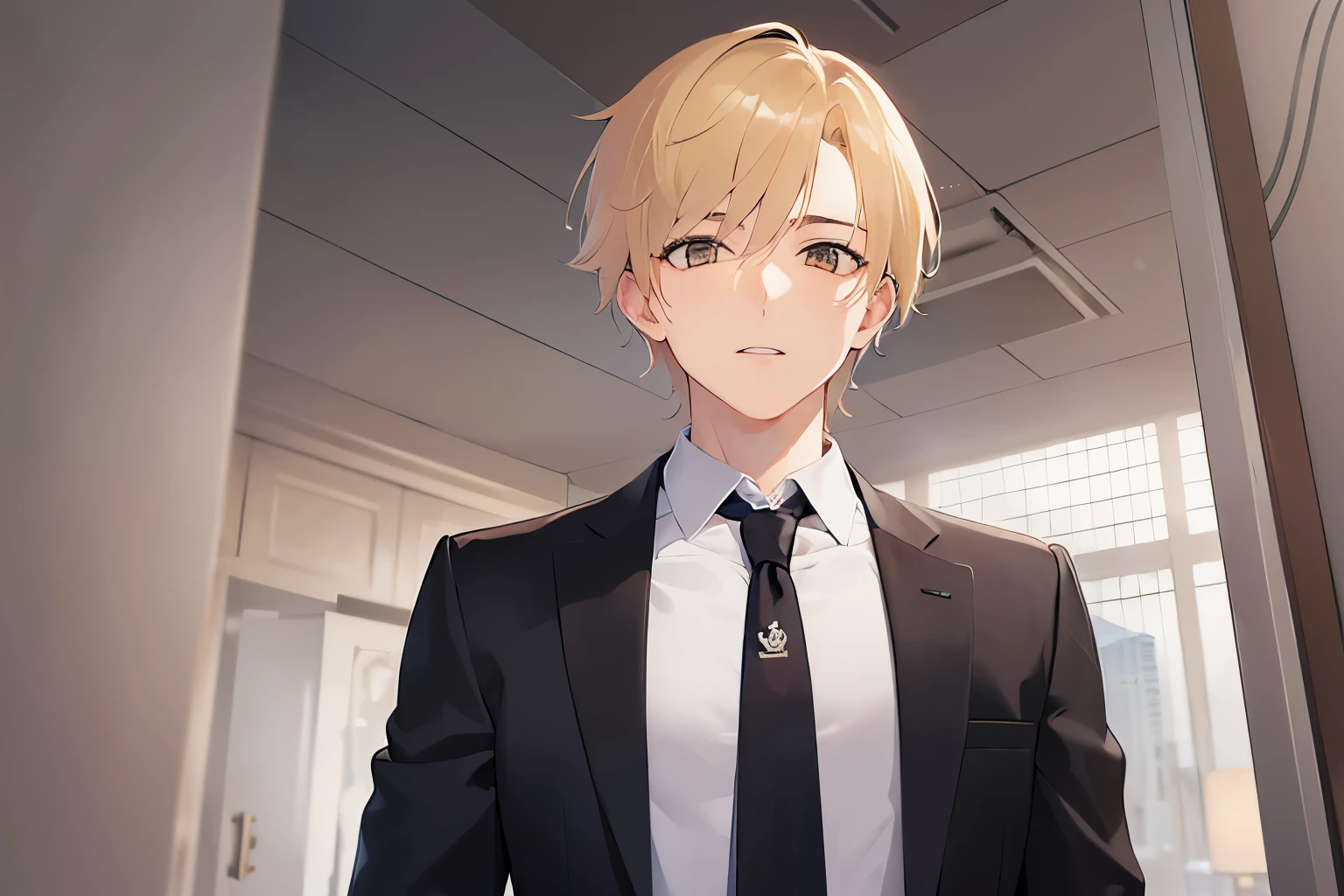 upper body、shiny skin、masterpiece、highest quality、BREAK (25-year-old male:1.5) and (Blonde short hair) and (Orange eyes), (Wearing a suit:1.3) and (tie) BREAK standing、Expressionless、The background is the office、(alone:1.5)、Upper body is shown、