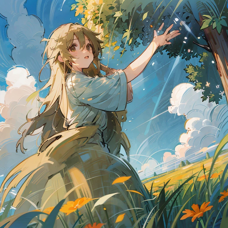 Anime art: long-haired girl in a field with flowers, the sun shines brightly through the clouds in the sky