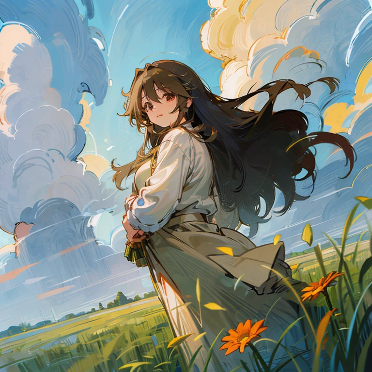Anime art: long-haired girl in a field with flowers, the sun shines brightly through the clouds in the sky