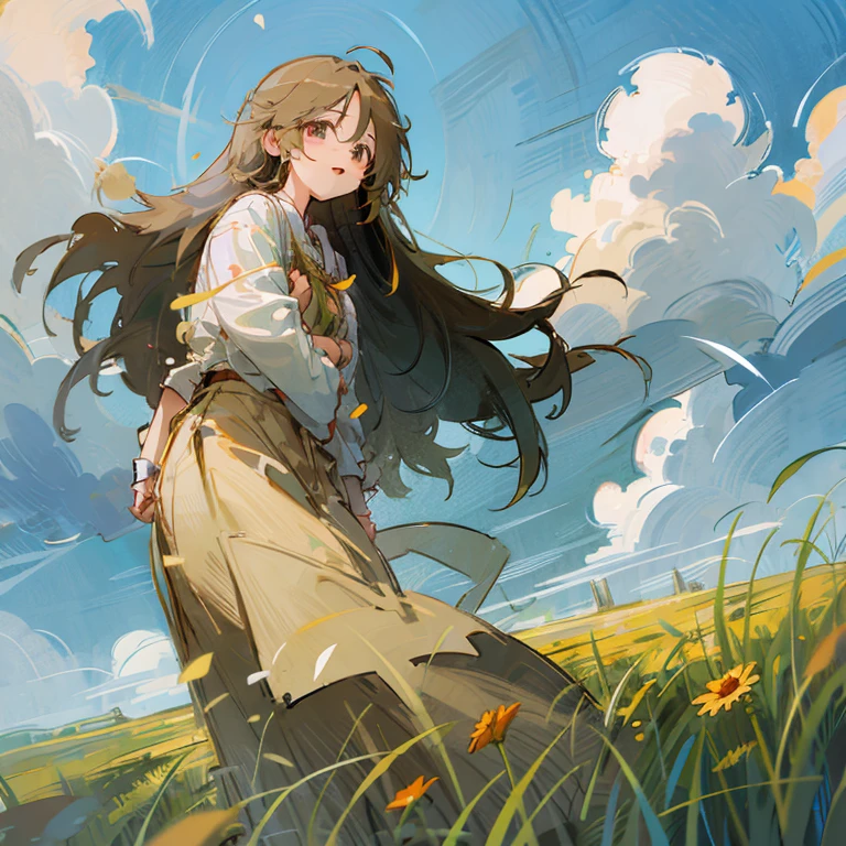 Anime art: long-haired girl in a field with flowers, the sun shines brightly through the clouds in the sky