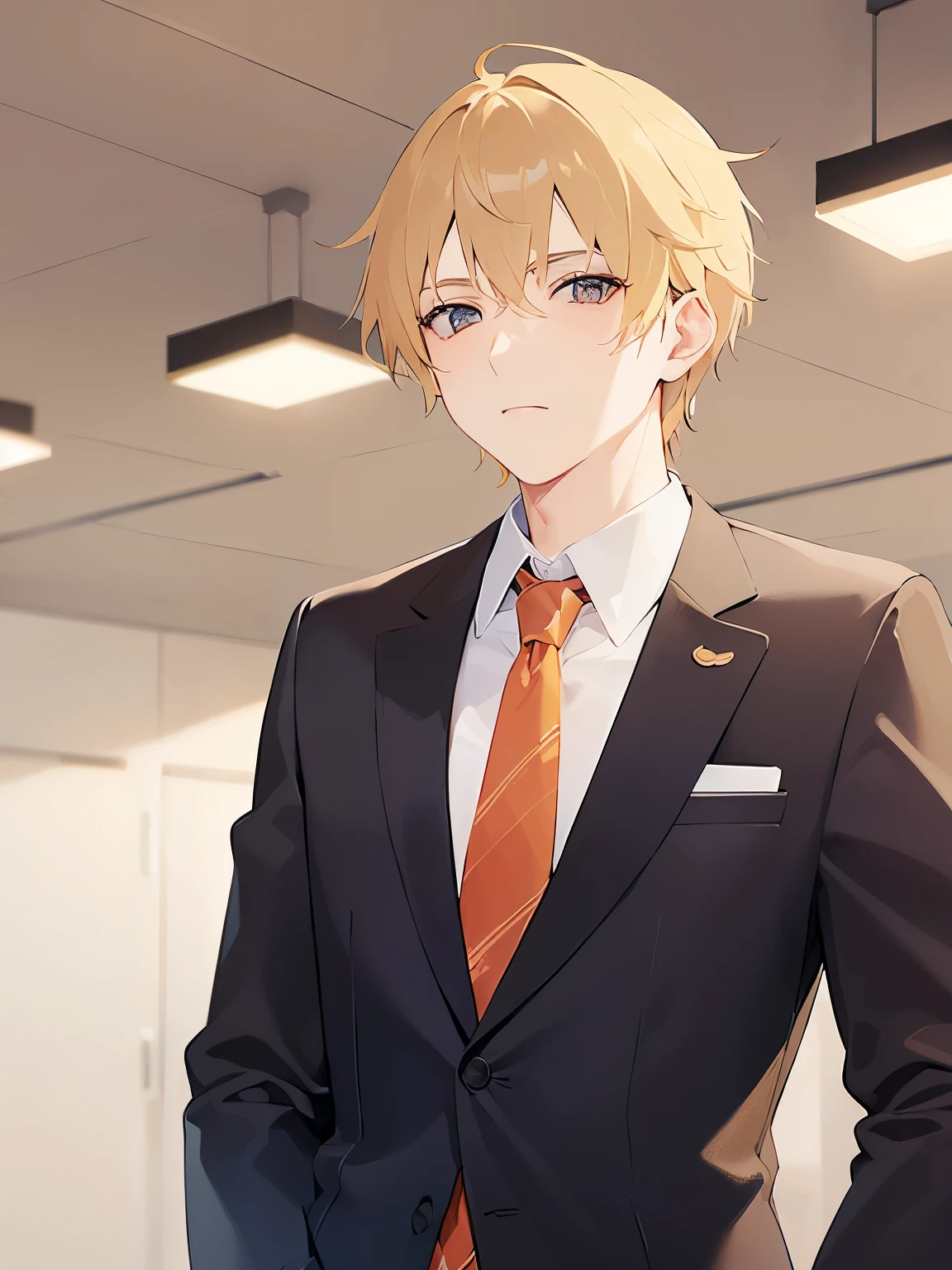 upper body、shiny skin、masterpiece、highest quality、BREAK (25-year-old male:1.5) and (Blonde short hair) and (Orange eyes), (Wearing a suit:1.3) and (tie) BREAK standing、Expressionless、The background is the office、(alone:1.5)、Upper body is shown、