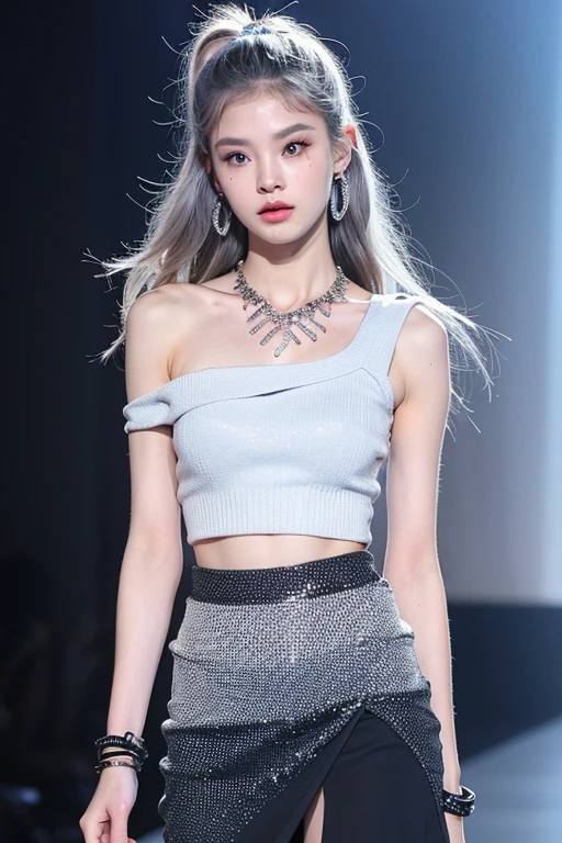 (very detailed body、very detailed face、Best quality:1.2)、FEMALES、I look at the audience、((cool gradient hair color、Bright silver shoulder-length earrings.、necklace、bracelet、Clothes with strong blue contrast, White and black、Asymmetrical clothing、Одежда Fusion Show Fantastico)、nail, top and skirt