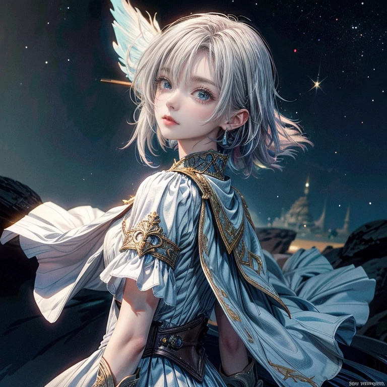 sorcerer, one girl, alone, 19 years old, bard, official art, white clothes, soft clothes, costumes fluttering in the wind, unity 8k wallpaper, super detailed, beautiful and aesthetic, masterpiece, top quality, grand, bold composition, glitter, lame, starry sky, short cut silver hair, beautiful blue eyes, high definition, diagonal side composition,