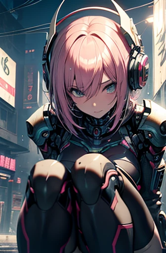 Close up of pink bob cut woman in mechanical armor, seductive anime girl, cyberpunk, best anime 4k konachan wallpaper, biomechanical, nightcore, perfect android girl, cyberpunk anime girl, female cyberpunk anime girl, electronic bikini, top rated on pixiv, smooth anime cg art, trending on cgstation, metaloid samus, bunny girl style mechanical armor, removing mechanical helmet, bra, wet with sweat、On his knees, defeated in battle