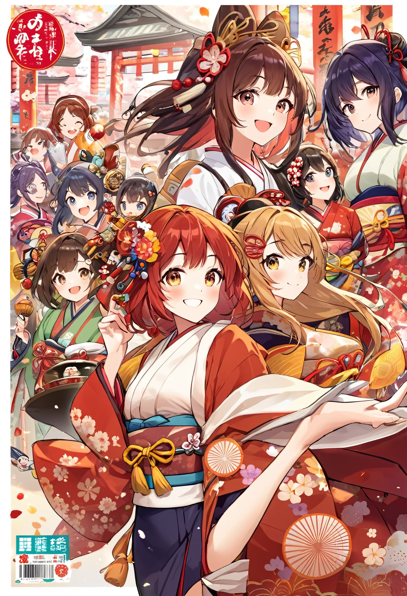 cover page, top quality, best quality, High-quality illustrations, masterpiece, super high resolution, detailed background, 6+girls, japanese festival, absurdres, perfect anatomy(kemono)(furry anthro)happy,