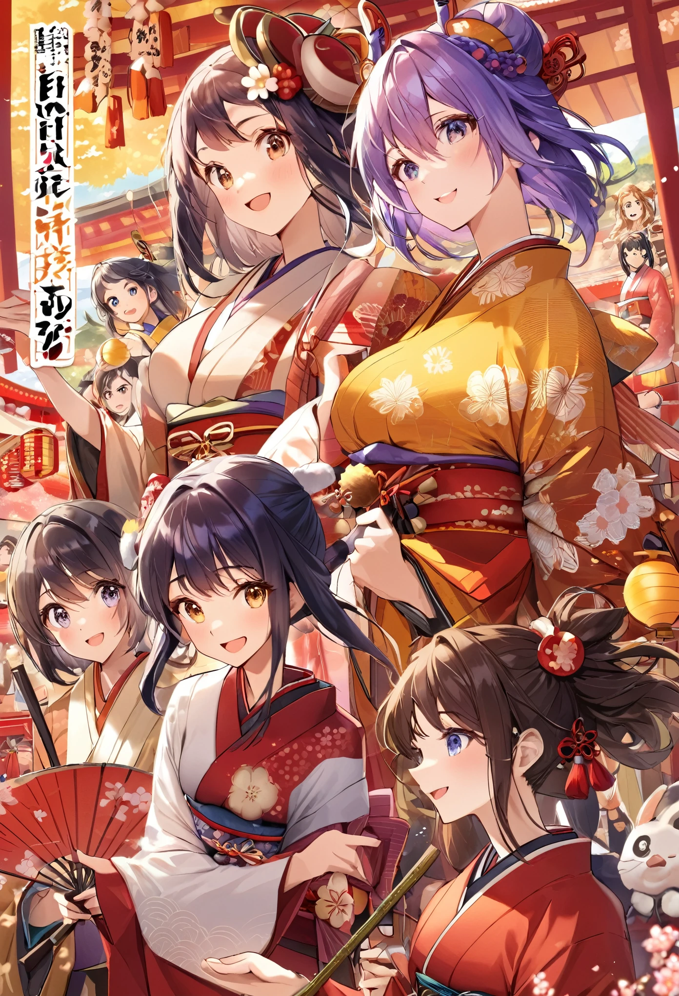 cover page, top quality, best quality, High-quality illustrations, masterpiece, super high resolution, detailed background, 6+girls, japanese festival, absurdres, perfect anatomy(kemono)(furry anthro)happy, 