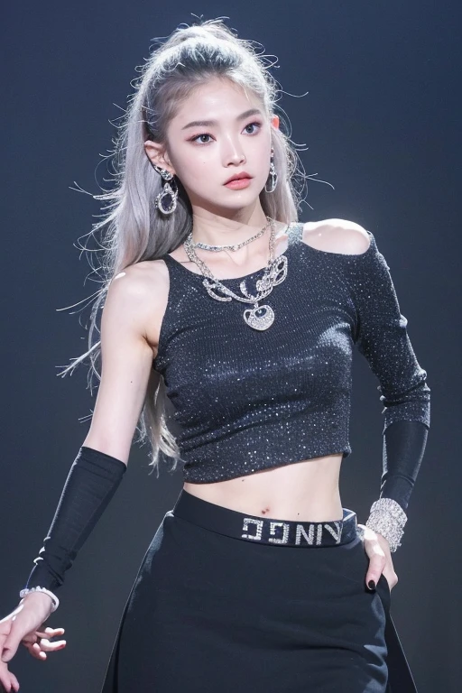 (very detailed body、very detailed face、Best quality:1.2)、FEMALES、I look at the audience、((cool gradient hair color、Bright silver shoulder-length earrings.、necklace、bracelet、Clothes with strong blue contrast, White and black、Asymmetrical clothing、Одежда Fusion Show Fantastico)、nail, top and skirt