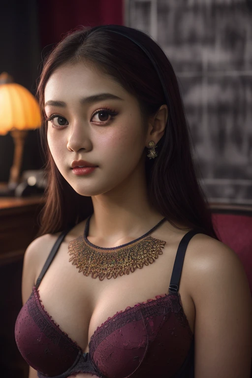 tzuyu, iu, yooa, space, Bellydancer, hijabi, sexy, cleavage, 18 year old javanese hijabi), (highly detailed face:1.4) (smile:0.7) (background inside dark, moody, private study:1.3) POV, by lee jeffries, nikon d850, film stock photograph ,4 kodak portra 400 ,camera f1.6 lens ,rich colors ,hyper realistic ,lifelike texture, dramatic lighting , cinestill 800,bra and panty only.