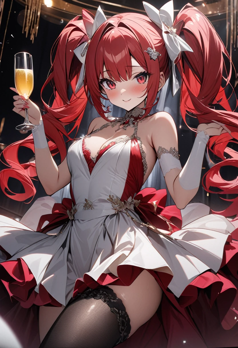 High quality, high definition, hig
h precision images,8k 1girl、red hair,Twin tails,Red eyes.(robot style red and white pampering face barrette)、luxury party venue,red and white wearing a luxurious party dress 、A champagne in one hand、