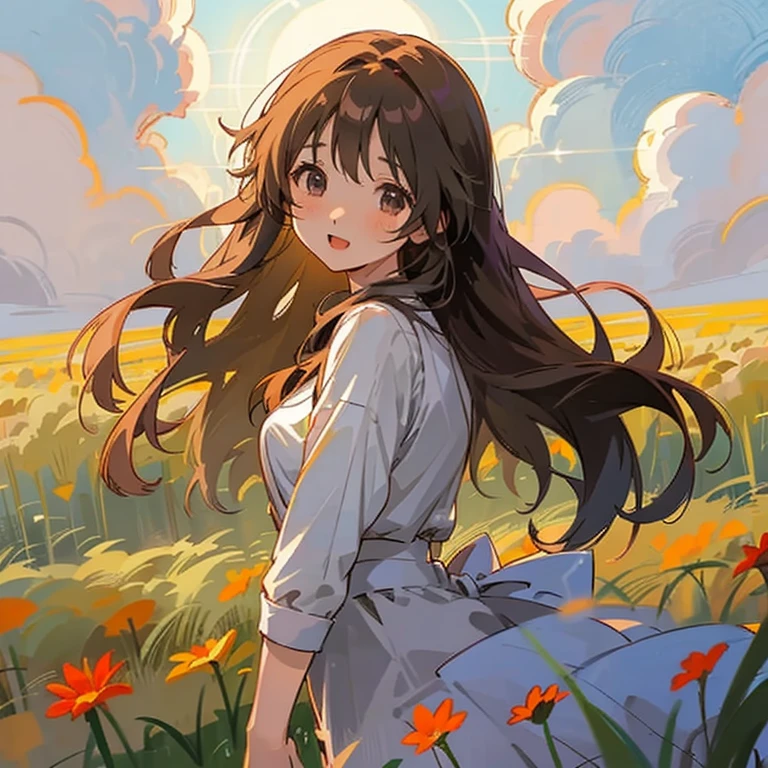 Anime art: long-haired girl in a field with flowers, the sun shines brightly through the clouds in the sky