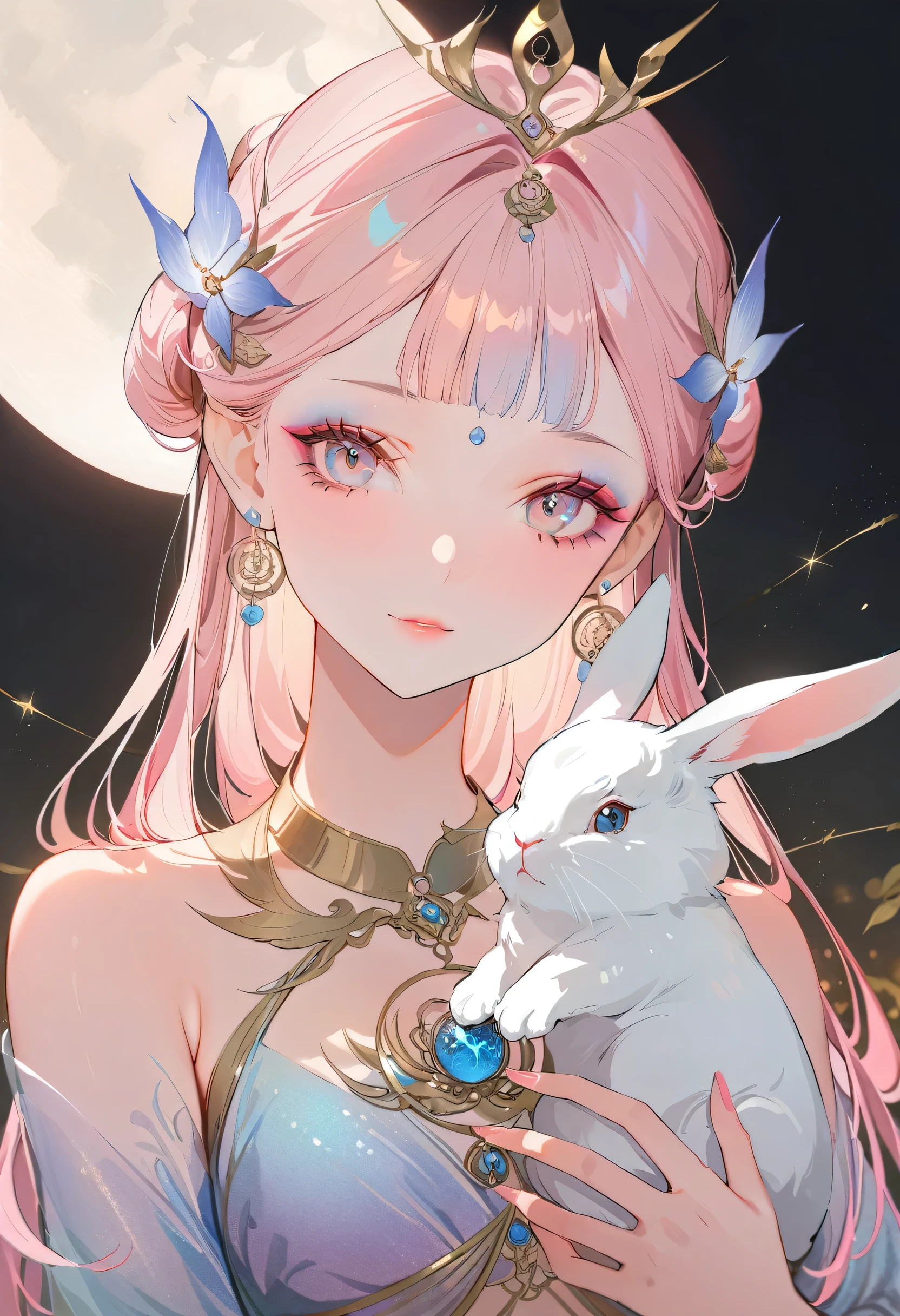 (best quality,4k,8k,highres,masterpiece:1.2),ultra-detailed,moon goddess,celestial beauty,holding a rabbit,subtle makeup,ethereal presence,fairytale-like,serene expression,close_up,perfect makeup