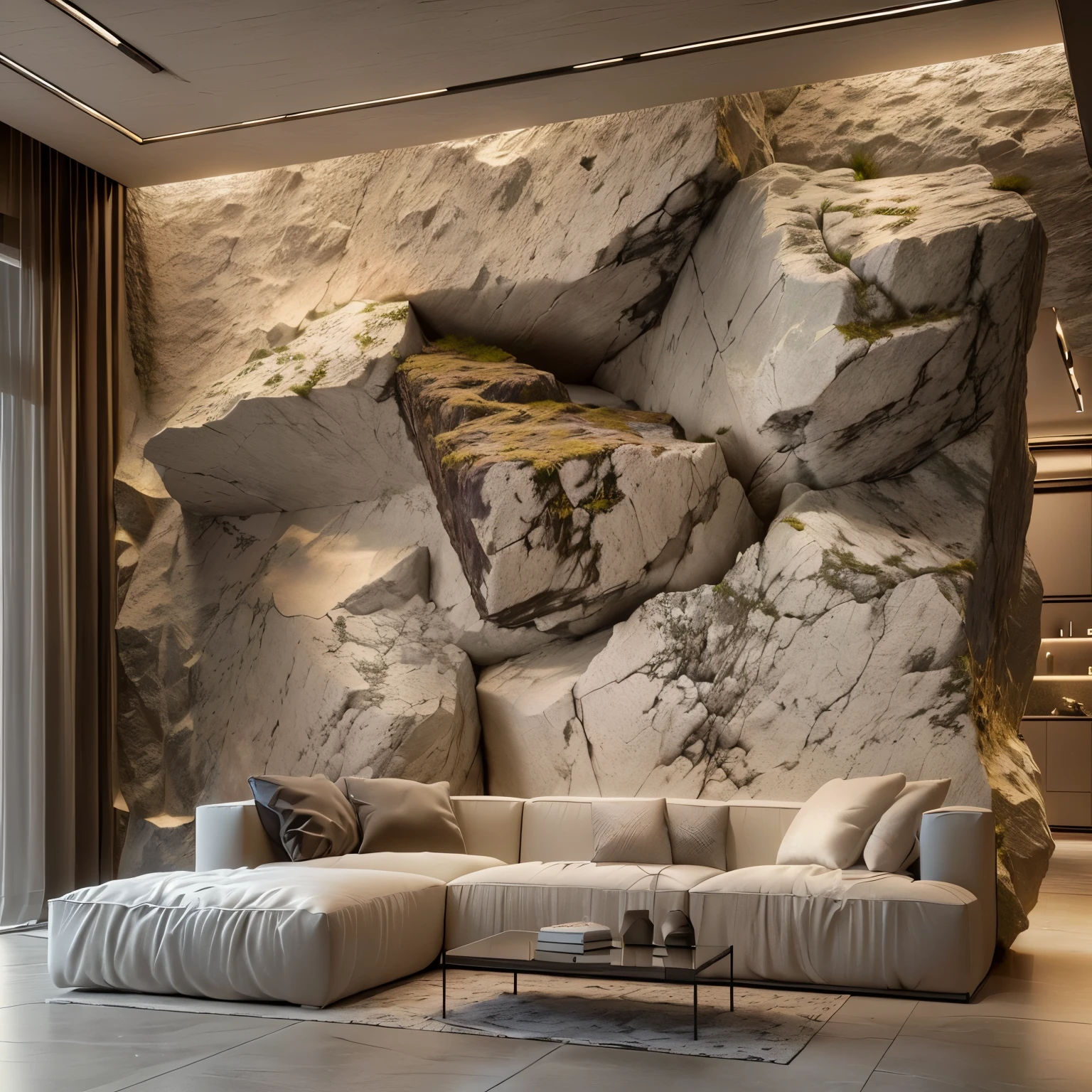 Close-up of sofa in living room，With a large stone wall, Minimalist Sculpture Design, natural cave wall, Exaggerated texture, Natural and realistic rendering, Extremely detailed rendering, very realistic render, Excellent 3D rendering, extremely detailed rocky crag, Beautifully detailed rendering, Very realistic 3D rendering, rough concrete walls, Very detailed rock structure, Rock Wall，Stone background wall，Interior Design，furnish，furnish设计，Soft furnishings，furnish材料，Door head design，