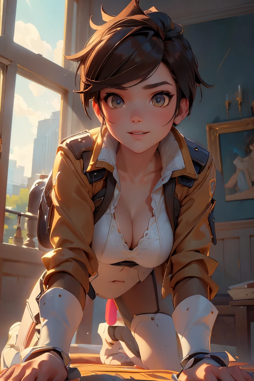 1girl, On all fours pose, on a big luxurious bed, crawling towards the viewer, (masterpiece), (best quality), tracerover, brown hair, spiked hair, short hair, jacket, bodysuit, ((detailed)), ((best quality)), ((masterpiece)), extremely detailed CG unity 8k wallpaper, 32k, focus sharp, photo of perfecteyes eyes, perfecteyes eyes, Masterpiece, raw, beautiful art, professional artist, 8k, very detailed face, very detailed hair, perfectly drawn body, beautiful face, very detailed eyes, smiling, rosey cheeks, intricate details in eyes, perfect fit body, beautiful body, extremely detailed, intricate details, highly detailed, sharp focus, detailed skin, realistic skin texture, texture, detailed eyes, high resolution, kodak vision color, foto_\(ultra\), post-processing, maximum detail, roughness, real life, ultra realistic, photorealism, photography, absurdres, RAW photo, highest quality, high detail RAW color photo, professional photo, extremely detailed UHD 8k wallpaper unit, best quality, highres, (masterpiece, top quality, high resolution:1.4), photo, cinematic, film grain, sharp, soft natural light, magic photography, super detailed, anatomically correct, perfect anatomy