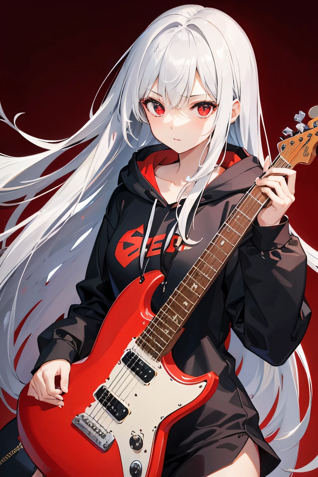 background through, long hair、straight hair、silver hair girl, red eyes、Super high quality, 8K、Upper body、Red background、Band vocals、black hoodie、Red Electric Guitar、big tits