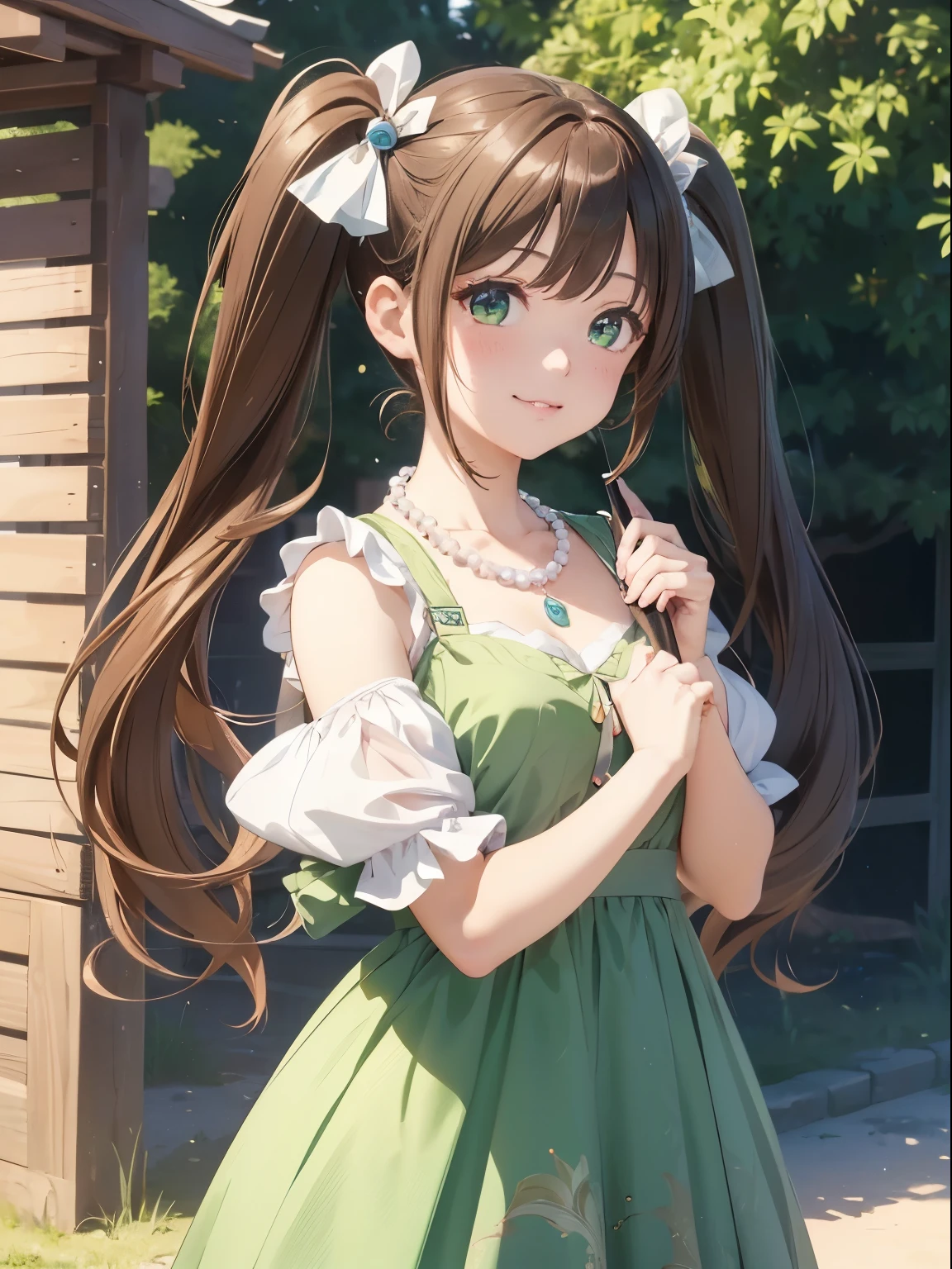1 female, face, (((1 female:1.37, alone))), (美しいface, かわいいface, 詳細なface, smile wickedly, ), break, ((( Brown Hair, Twin tails, ))), (((Beautiful green eyes with beautiful details,))), break, (((sunny))),Highly detailed CG synthesis 8k wallpaper, Very beautiful 8K CG wallpaper, Anime Moe Art Style, Cute girl anime visuals, Anime Styleのポートレート, Anime Styleに, Beautiful Anime, 8K Anime Art Style, Anime Style、Detailed 8K animation, (masterpiece, highest quality), High resolution, Super detailed, Ultra Sharp, Long dress,Pearl Necklace