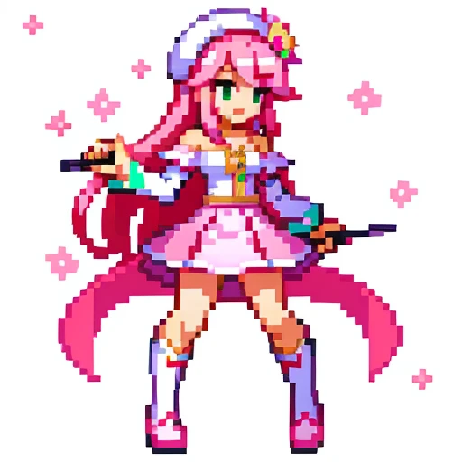 Pixel art, full body, facing left (important), pink and white, holding a spear, magical girl, beret, long hair, loose, showing shoulders. Hair color: Soft, pale pink hair. Eye color: green eyes. Clothes: Clothes based on white and pink. She wears a white, short-sleeved, off-the-shoulder top with a pink collar and buttons that reveal her collarbone, and a skirt shaped like downward-pointing lotus petals. Also, the reason why the skirt is jagged is because it resembles flower petals. Accessories: A pink flower decoration is attached to the right hair. Weapon in hand: A long spear with pink and white decorations.